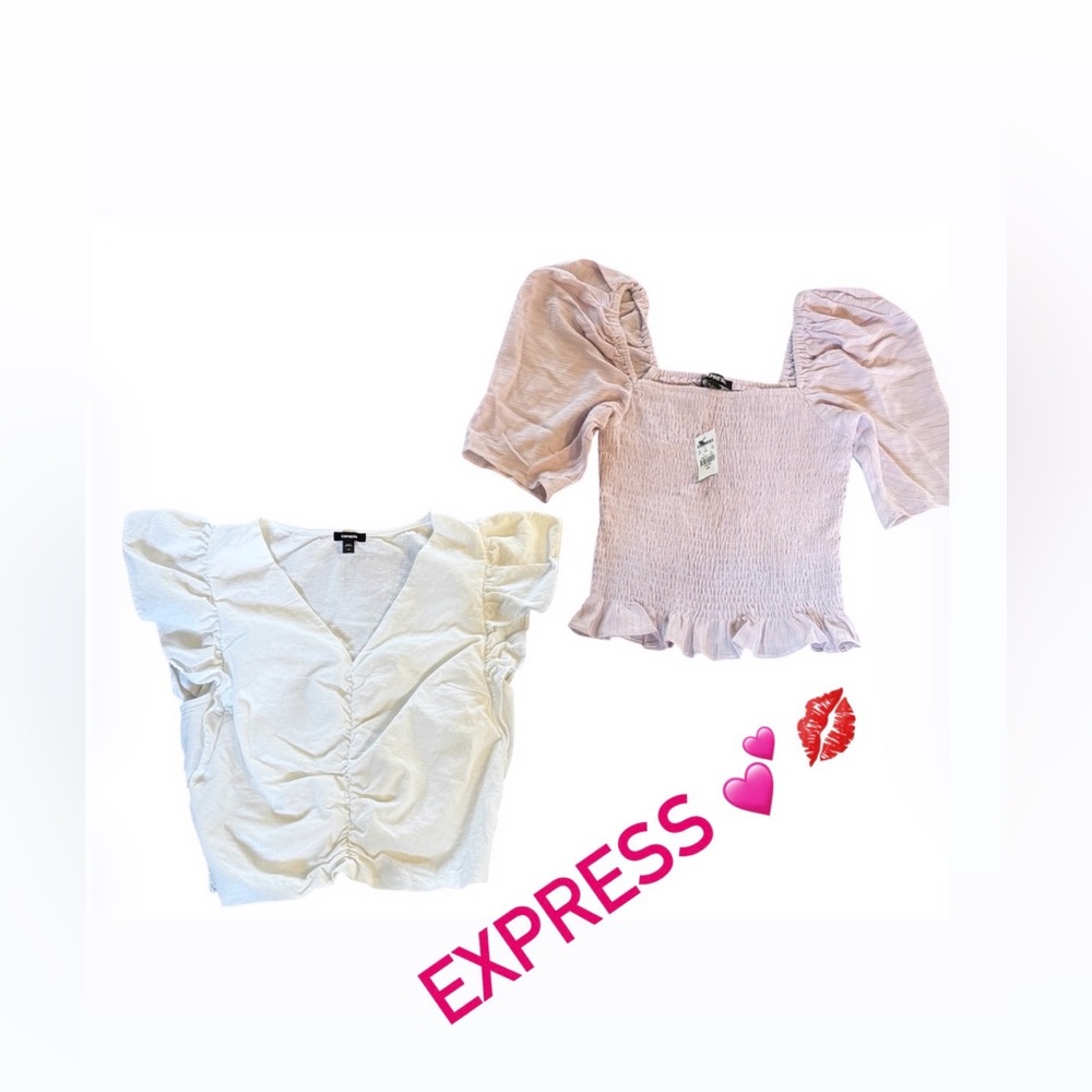 Express Lavender Smocked Puff-Sleeve Crop Top & White Linen V-Neck Crop Top